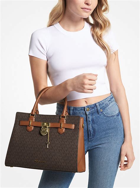 michael kors hamilton medium logo satchel white|Michael Kors Hamilton brown.